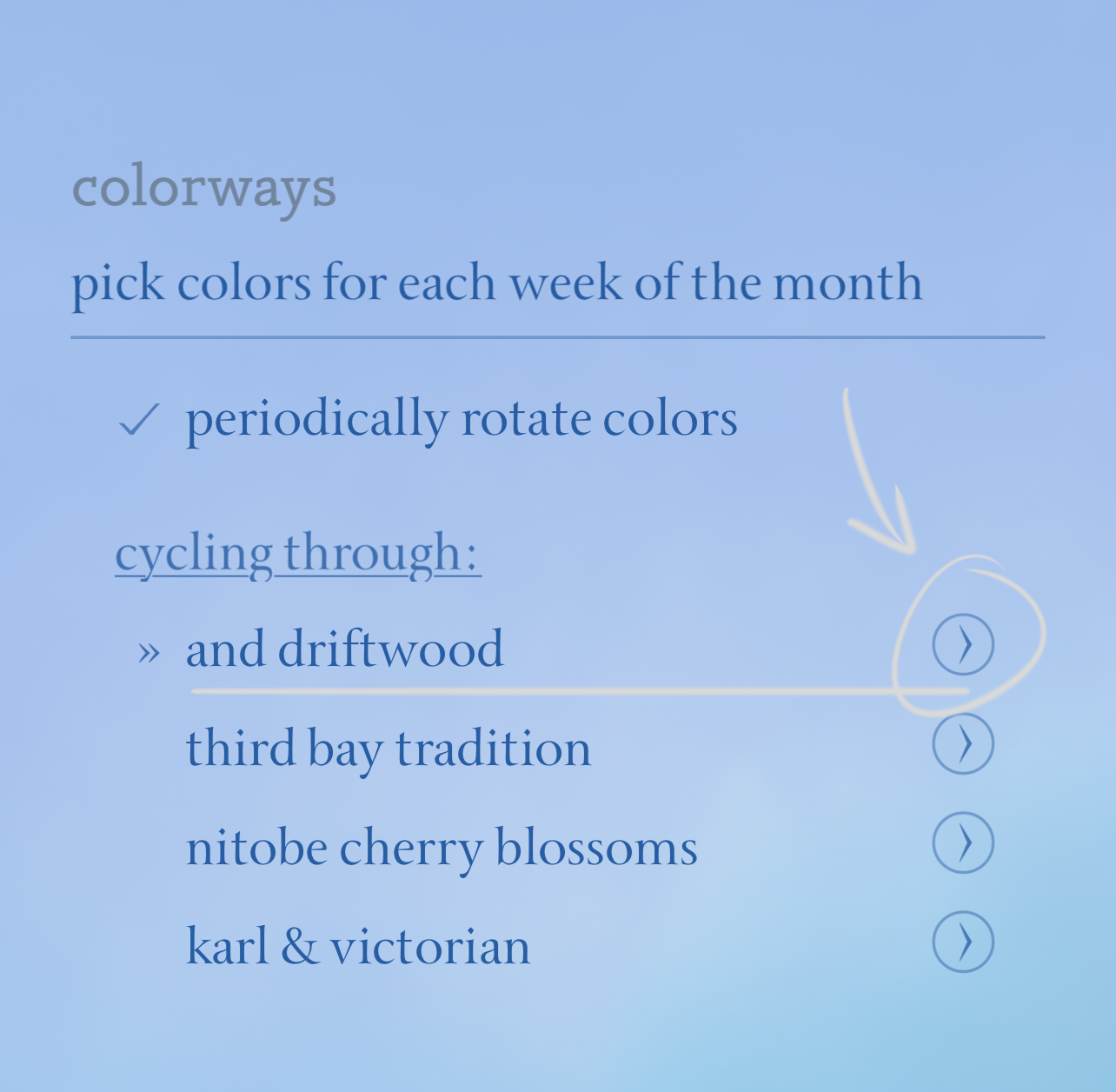 Colorway settings, with the first slot underlined, and the right-caret icon indicated.