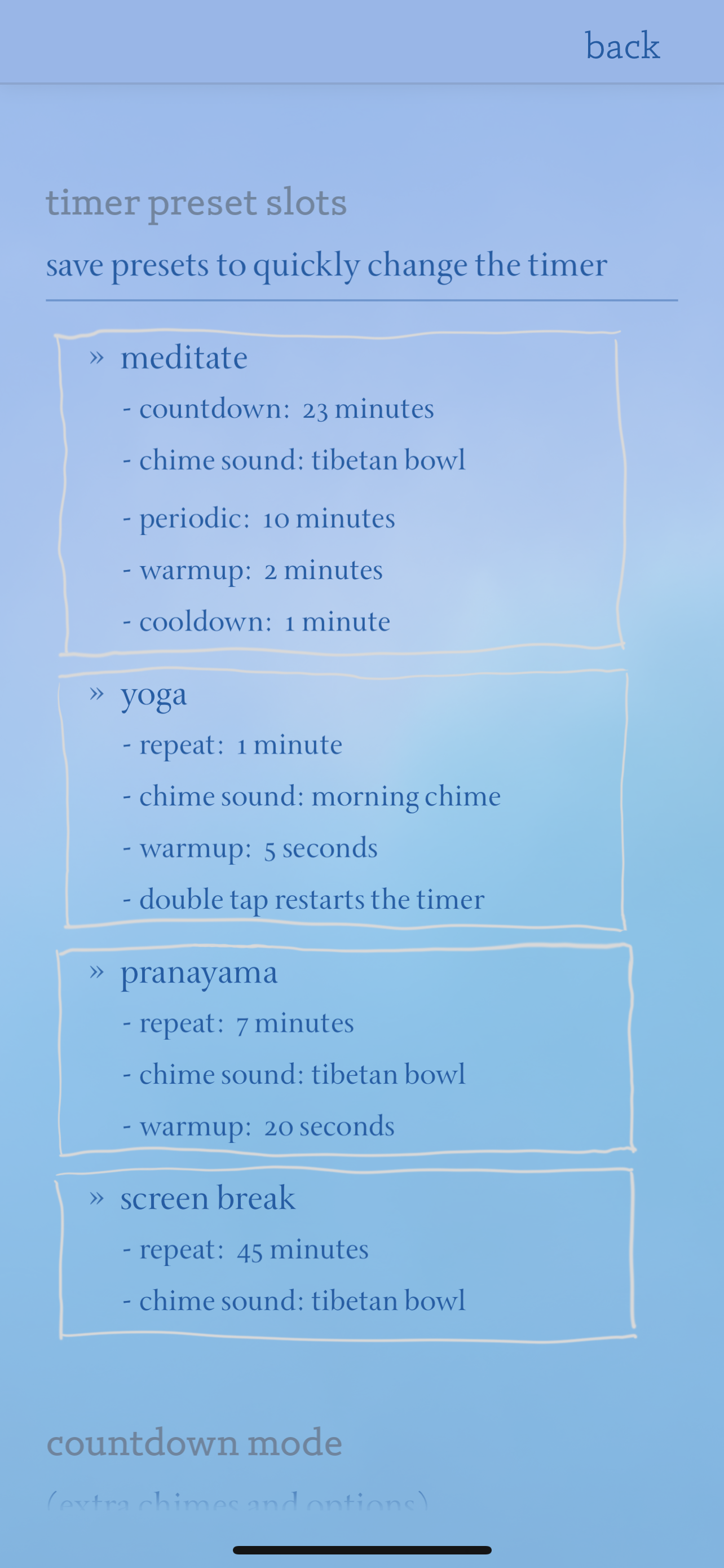 The timer presets slots, with
              a box around each slot